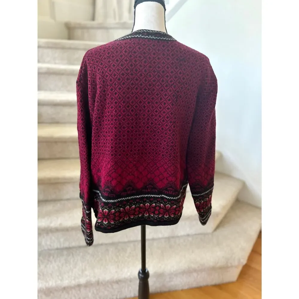 Vintage Frost Petite Burgundy Icelandic Fair Isle Snowflake Wool Cardigan